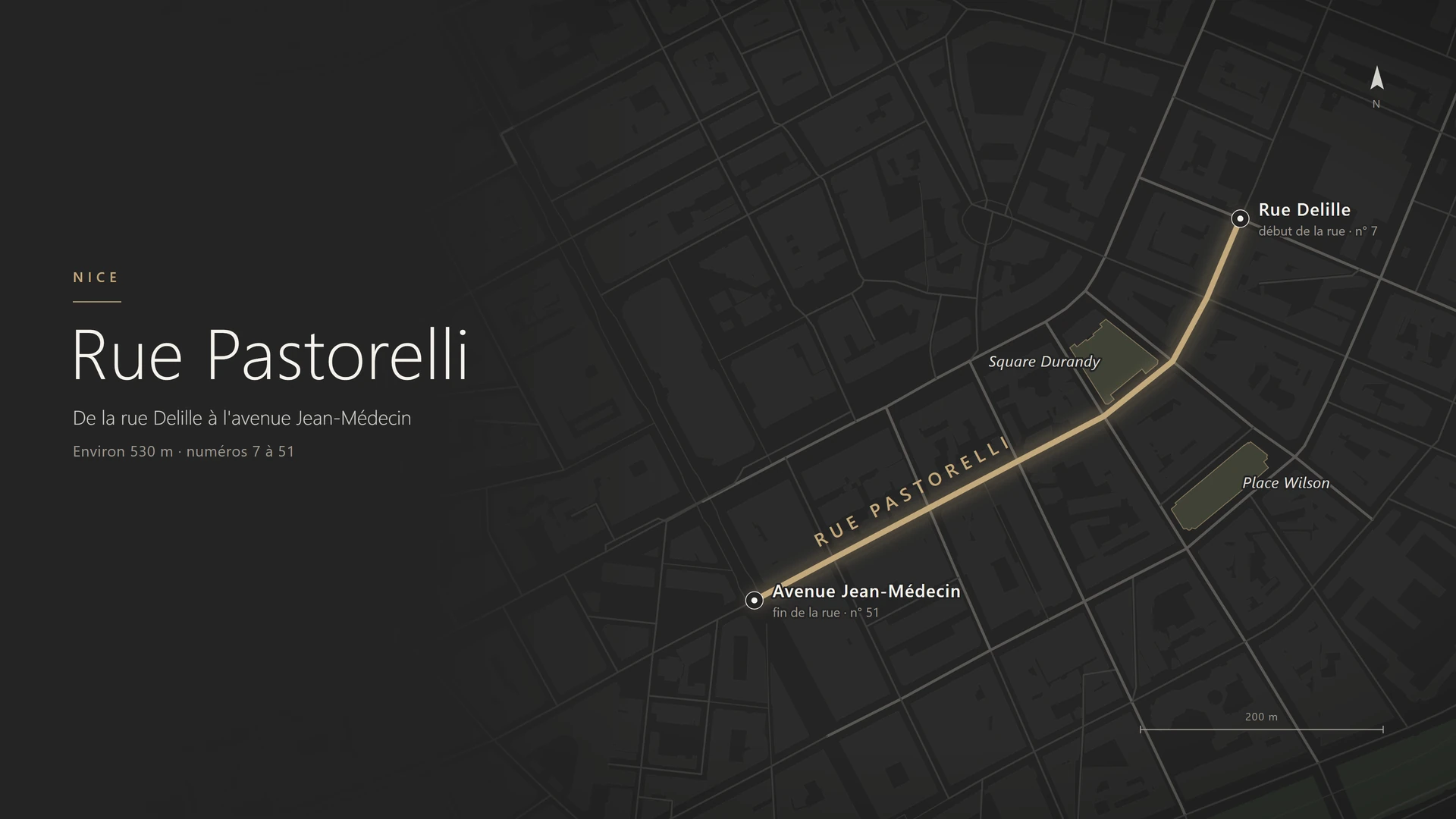 Plan de situation de la rue Pastorelli à Nice, de la rue Delille à l'avenue Jean-Médecin, avec le square Durandy et la place Wilson