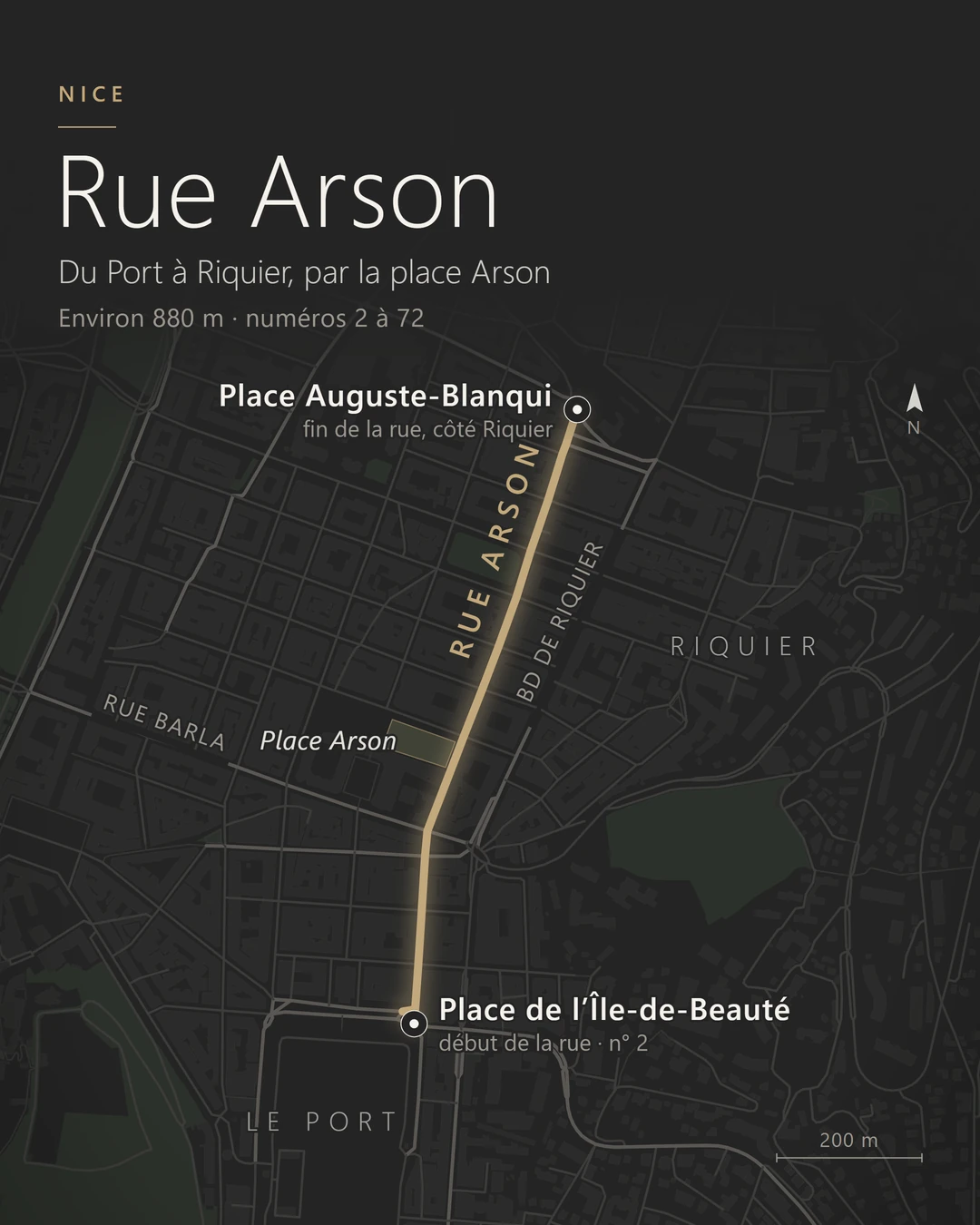 Plan de situation de la rue Arson à Nice, du Port à Riquier, version verticale