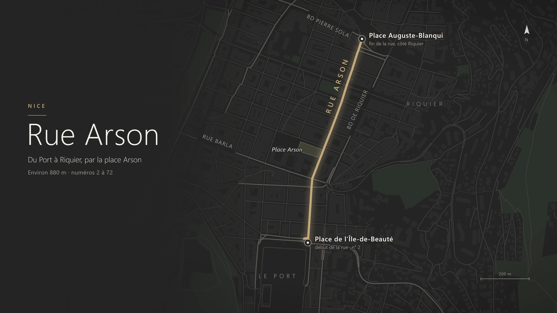 Plan de situation de la rue Arson à Nice, du Port à Riquier, avec la place Arson, le square Normandie-Niemen et les rues voisines