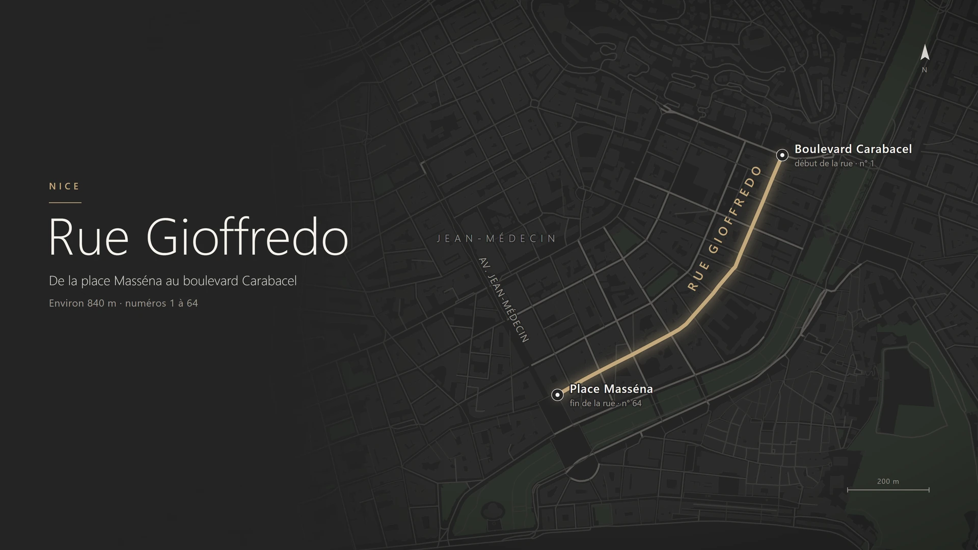 Plan de situation de la rue Gioffredo à Nice, de la place Masséna au boulevard Carabacel