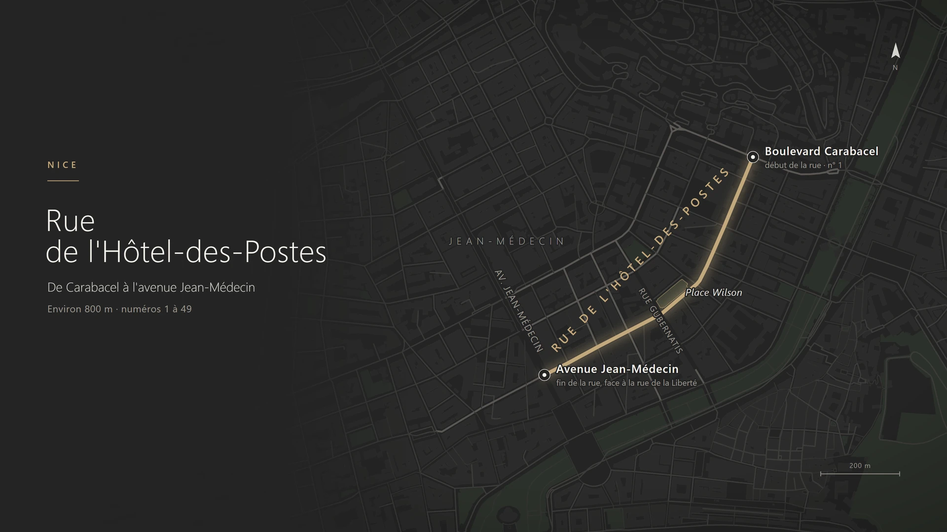 Plan de situation de la rue de l'Hôtel-des-Postes à Nice, du boulevard Carabacel à l'avenue Jean-Médecin, avec la place Wilson