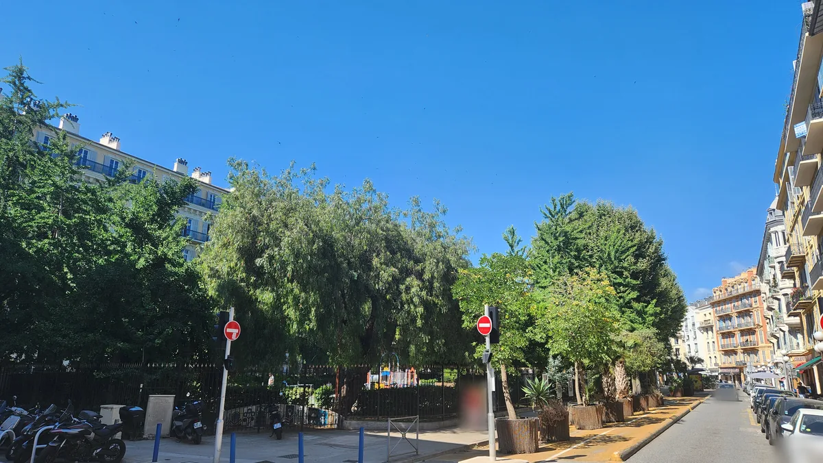 Square arboré de la place Wilson derrière sa grille et rue de l'Hôtel-des-Postes bordée d'arbres en bacs, à Nice